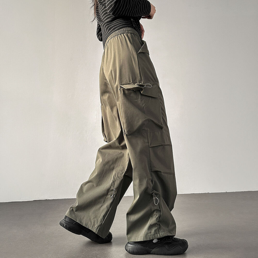Широкие карго-брюки с защипами и шнурками Nylon Shirring String Cargo Wide Pants