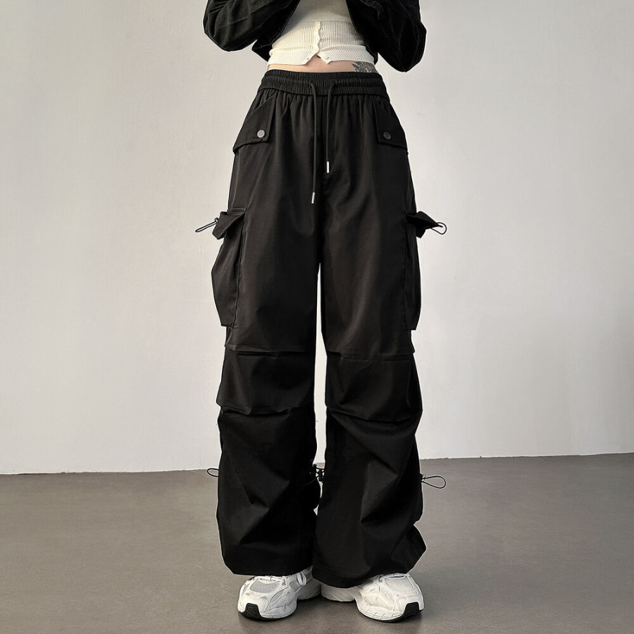 Широкие карго-брюки с защипами и шнурками Nylon Shirring String Cargo Wide Pants
