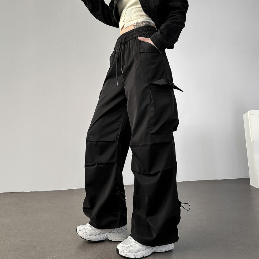 Широкие карго-брюки с защипами и шнурками Nylon Shirring String Cargo Wide Pants