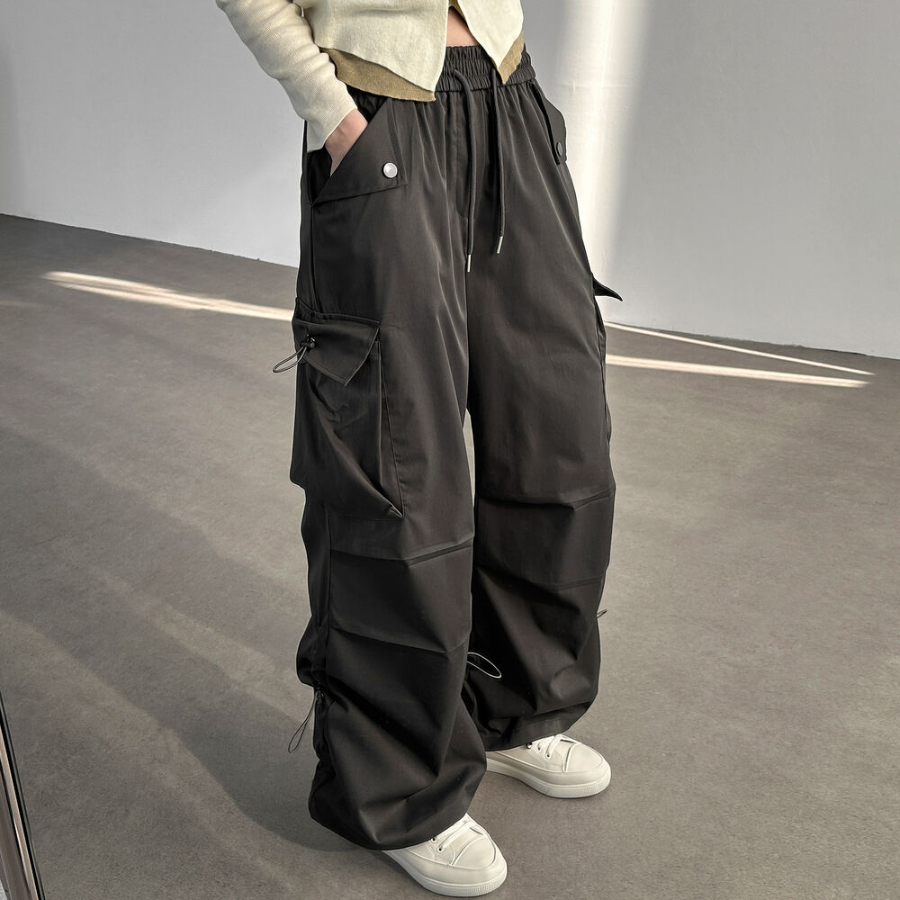 Широкие карго-брюки с защипами и шнурками Nylon Shirring String Cargo Wide Pants