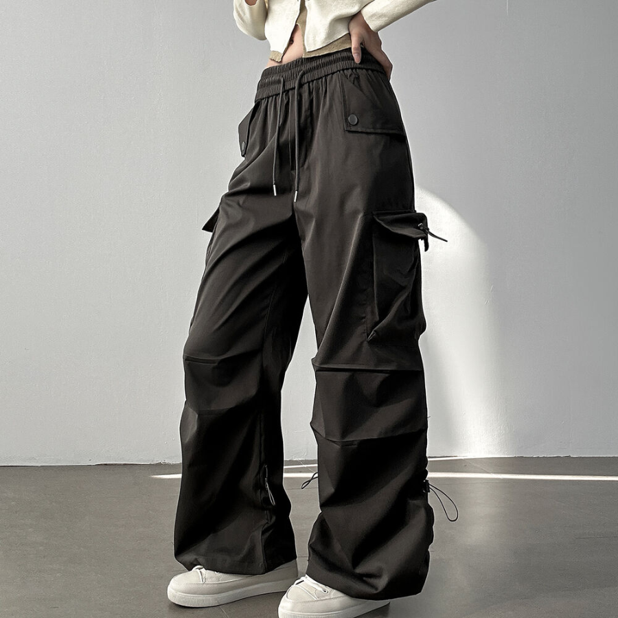 Широкие карго-брюки с защипами и шнурками Nylon Shirring String Cargo Wide Pants
