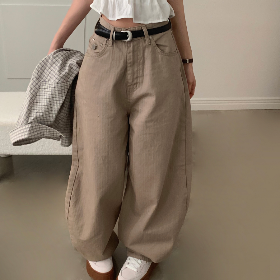 Винтажные широкие хлопковые брюки с заклёпками Vintage Stud Pocket Wide Cotton Pants