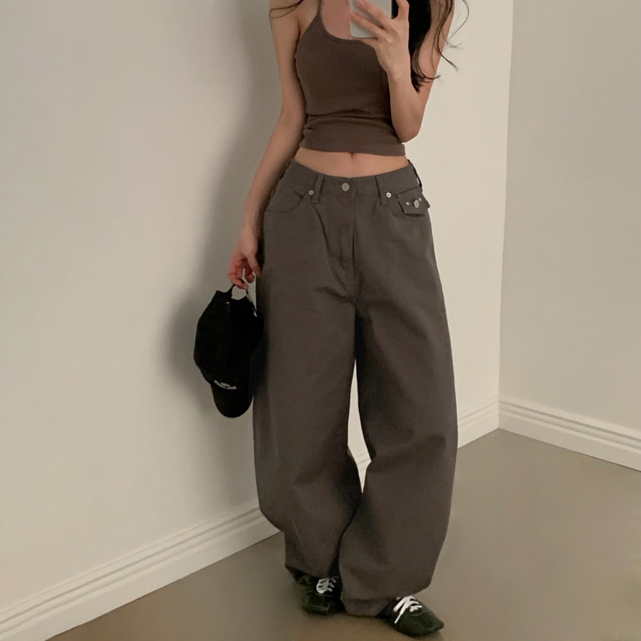 Винтажные широкие хлопковые брюки с заклёпками Vintage Stud Pocket Wide Cotton Pants