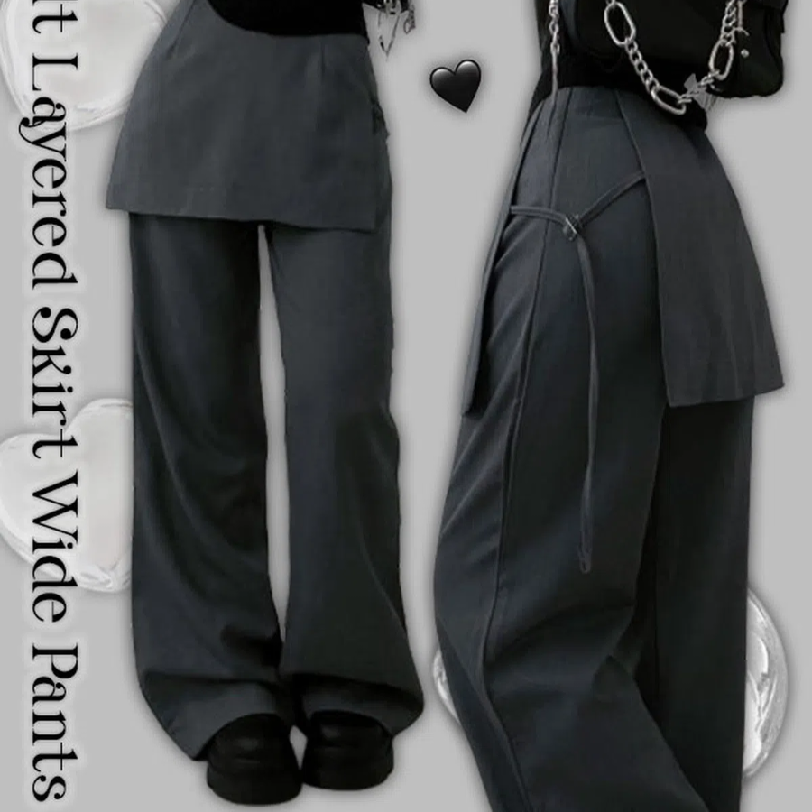 Прямые широкие длинные брюки с эффектом юбки и поясом Belt Wrap Skirt Layered Wide Slacks Pants