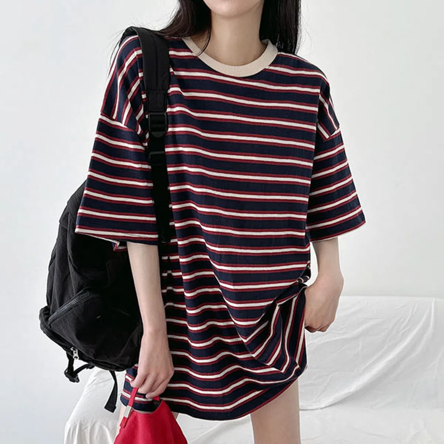 Wangboxy Oversized Color-Block Stripe T-Shirt