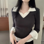 Layered Collar Ribbed Long Sleeve T-Shirt