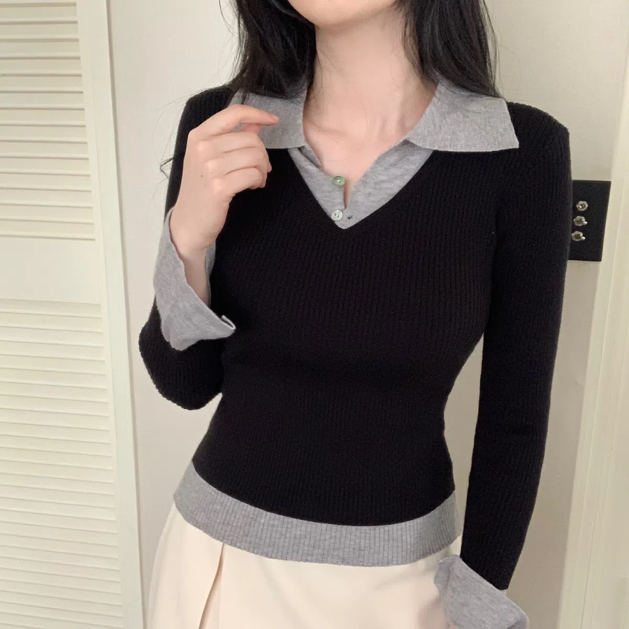 Layered Collar Ribbed Long Sleeve T-Shirt