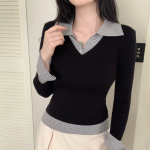 Layered Collar Ribbed Long Sleeve T-Shirt