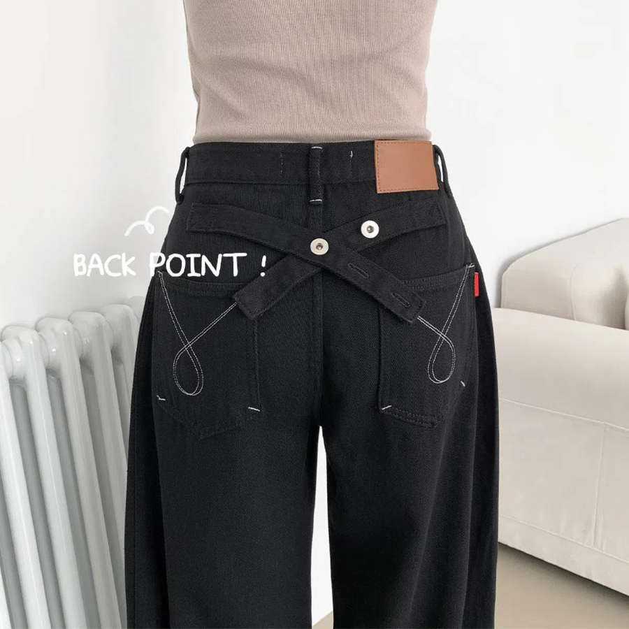 Широкие хлопковые брюки с вышивкой, задней пряжкой и кнопками на штанинах Cross Buckle Pocket Embroidered Snap Wide Cotton Pants