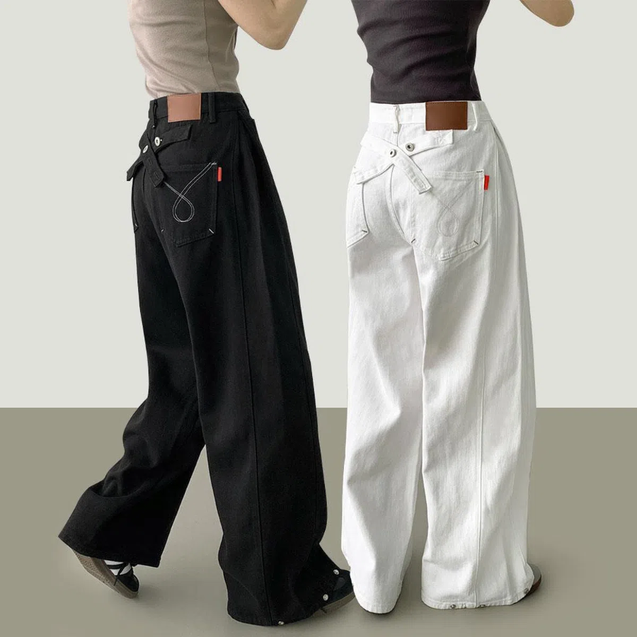 Широкие хлопковые брюки с вышивкой, задней пряжкой и кнопками на штанинах Cross Buckle Pocket Embroidered Snap Wide Cotton Pants