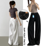 Широкие хлопковые брюки с вышивкой, задней пряжкой и кнопками на штанинах Cross Buckle Pocket Embroidered Snap Wide Cotton Pants