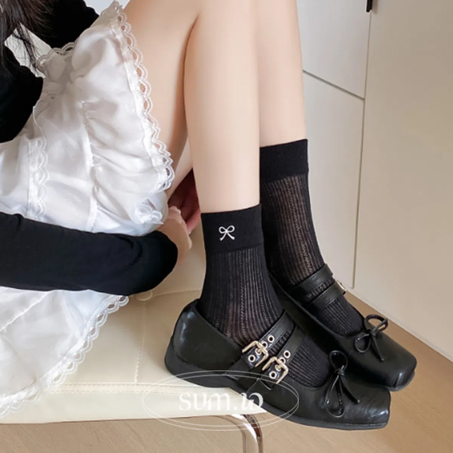 Женские летние носки с вышивкой "Like Ribbon"  от SooM — стиль в каждой детали (черный,белый,серый,бежевый)