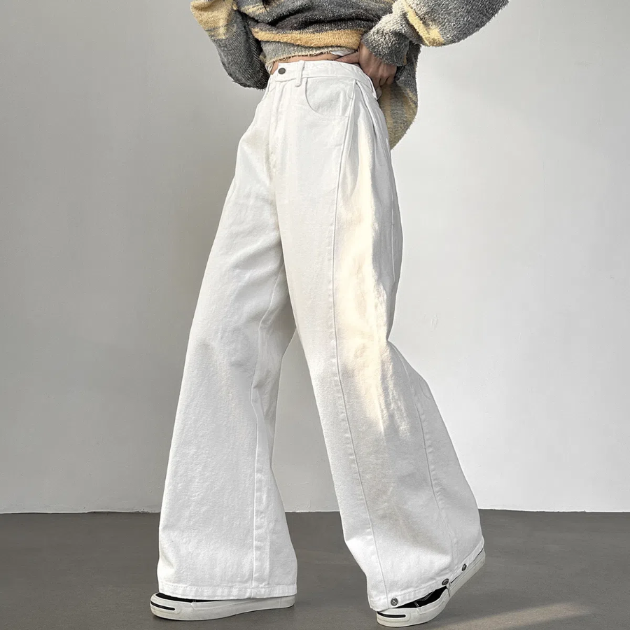 Высокие хлопковые широкие брюки с боковыми защипами и кнопками на штанинах High-Waist Side Pintuck Snap Wide Cotton Pants