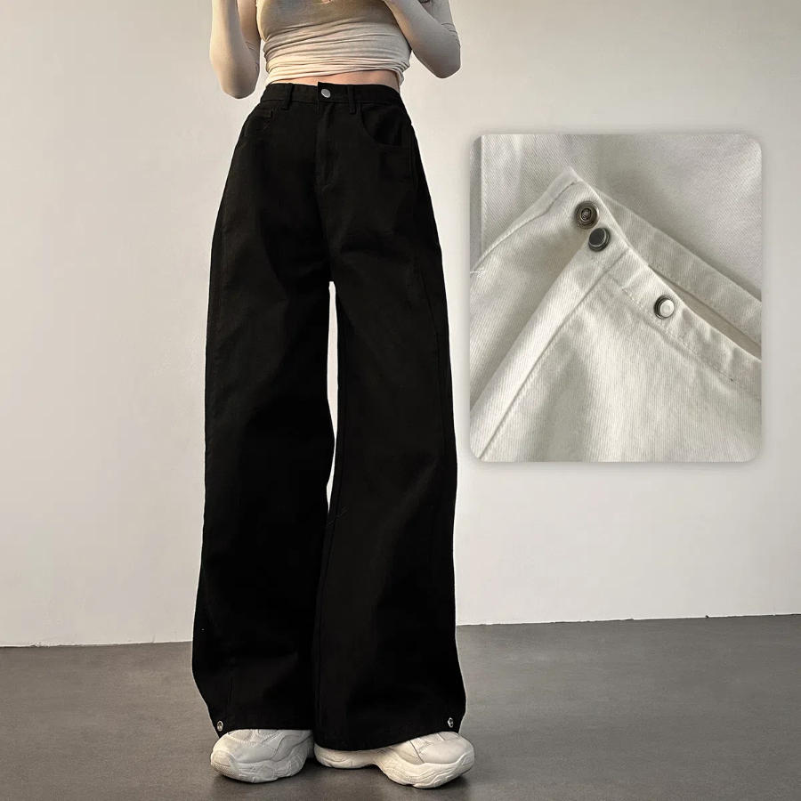 Высокие хлопковые широкие брюки с боковыми защипами и кнопками на штанинах High-Waist Side Pintuck Snap Wide Cotton Pants