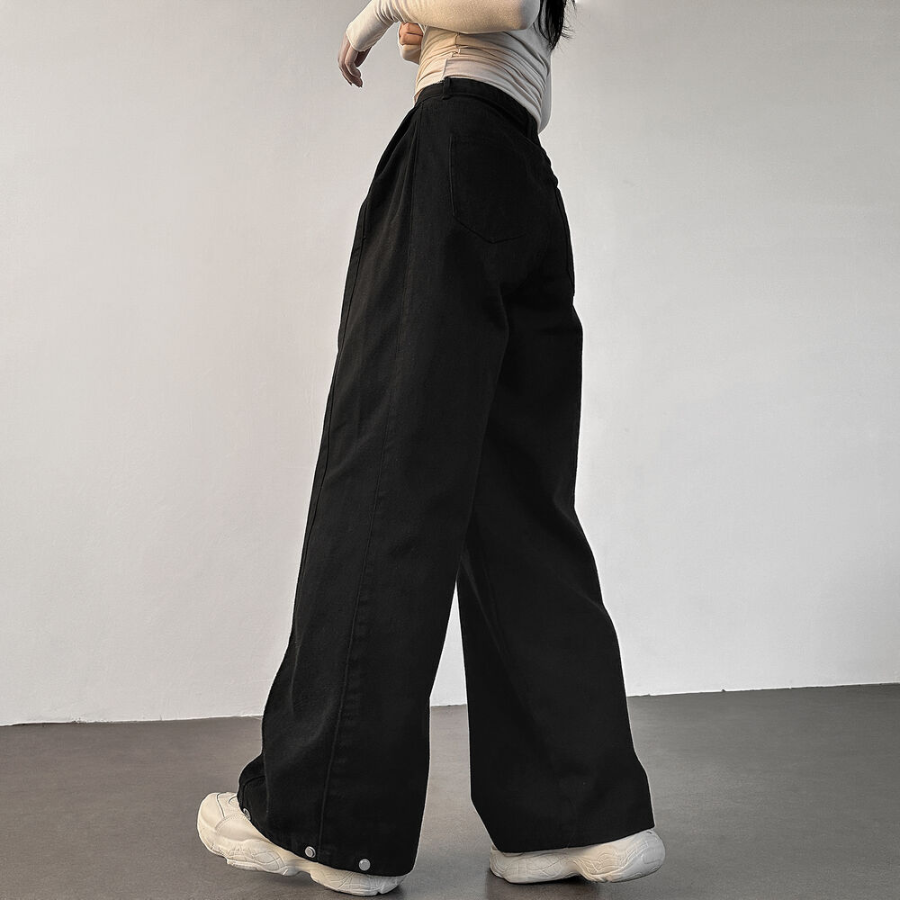 Высокие хлопковые широкие брюки с боковыми защипами и кнопками на штанинах High-Waist Side Pintuck Snap Wide Cotton Pants