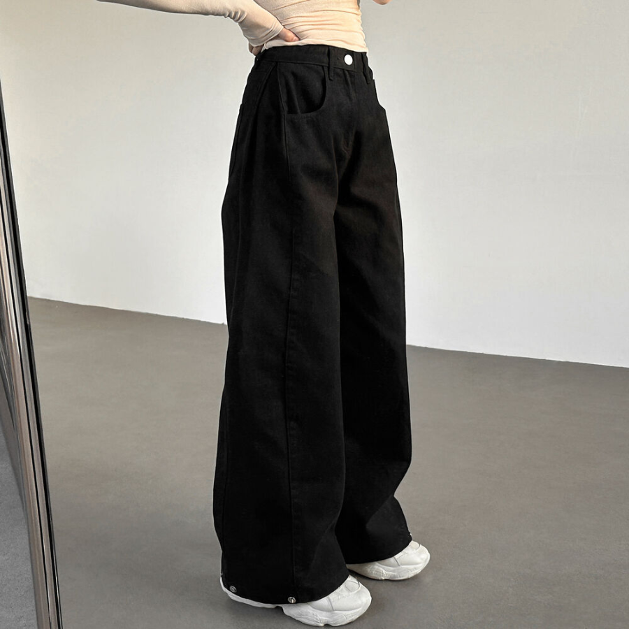 Высокие хлопковые широкие брюки с боковыми защипами и кнопками на штанинах High-Waist Side Pintuck Snap Wide Cotton Pants