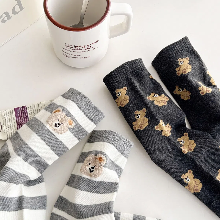 Набор из 5 пар женских носков с вышивкой "Мишка" — милый акцент для повседневного образа