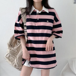 Pendant Unisex Oversized Stripe Collar Short Sleeve T-Shirt