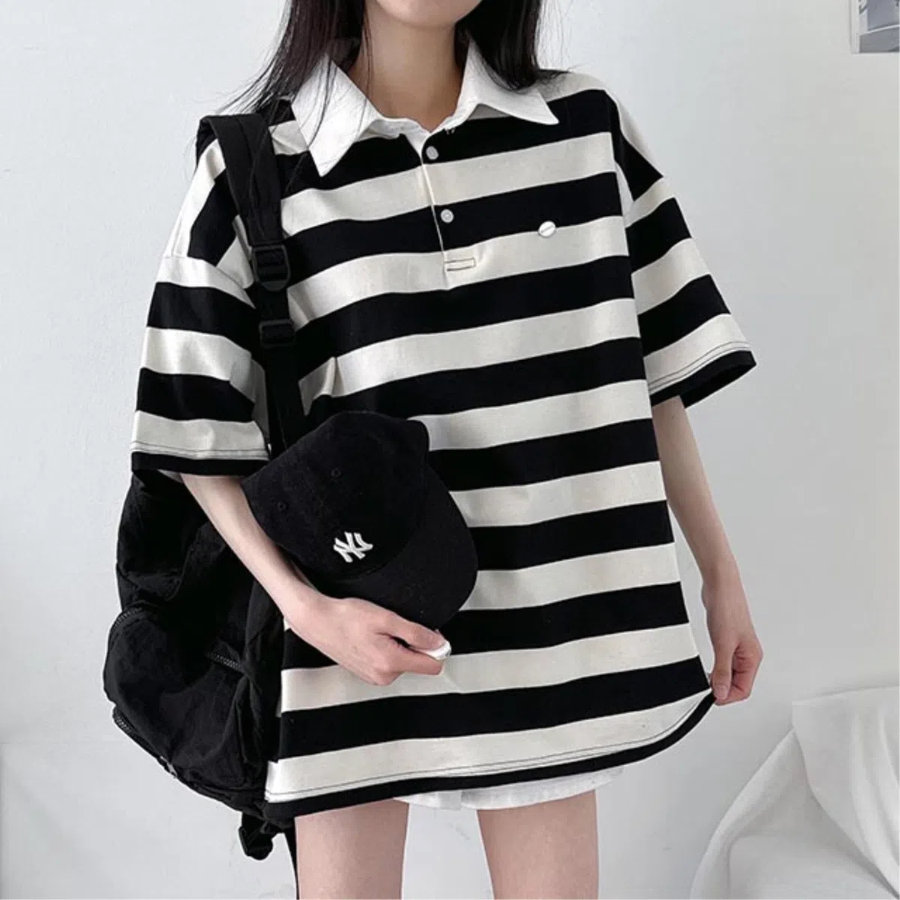 Pendant Unisex Oversized Stripe Collar Short Sleeve T-Shirt