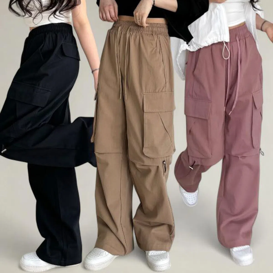 Хлопковые карго-брюки с защипами на коленях и эластичной талией Knee-Tuck String Cargo Wide Cotton Pants