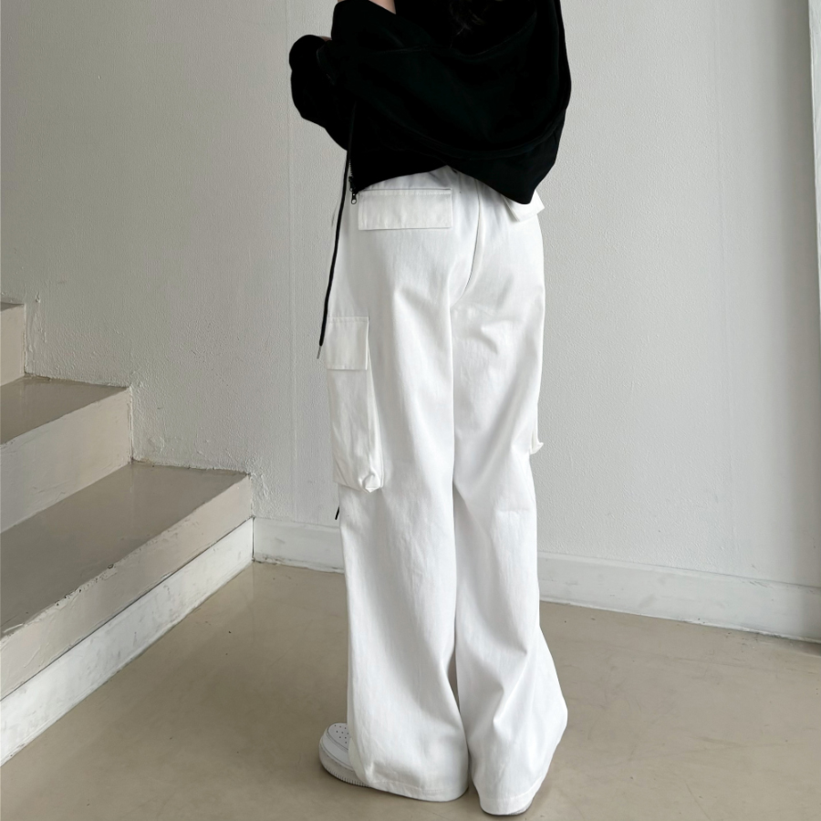 Хлопковые карго-брюки с защипами на коленях и эластичной талией Knee-Tuck String Cargo Wide Cotton Pants