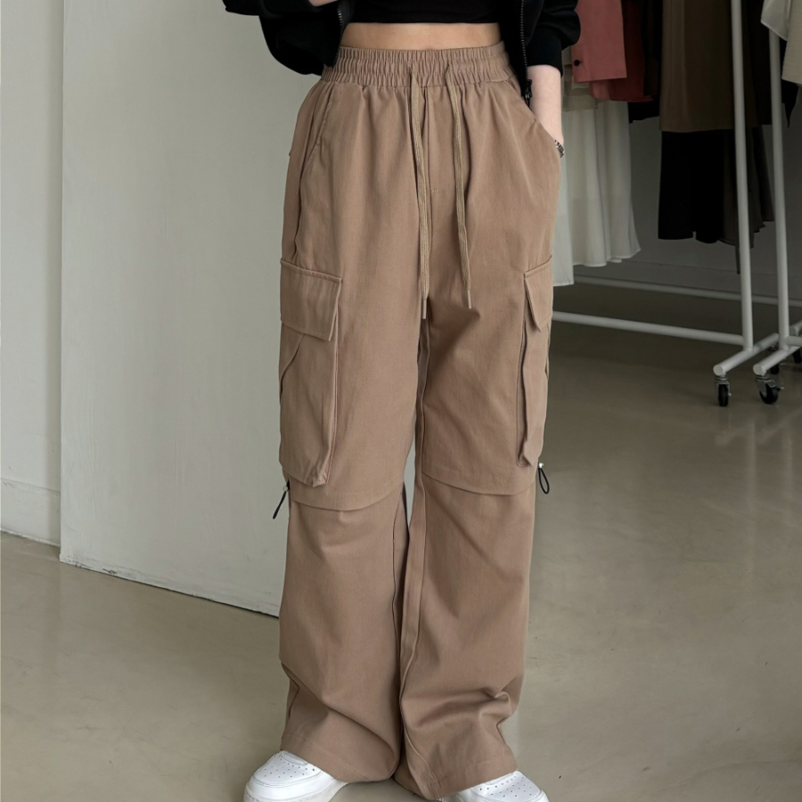 Хлопковые карго-брюки с защипами на коленях и эластичной талией Knee-Tuck String Cargo Wide Cotton Pants