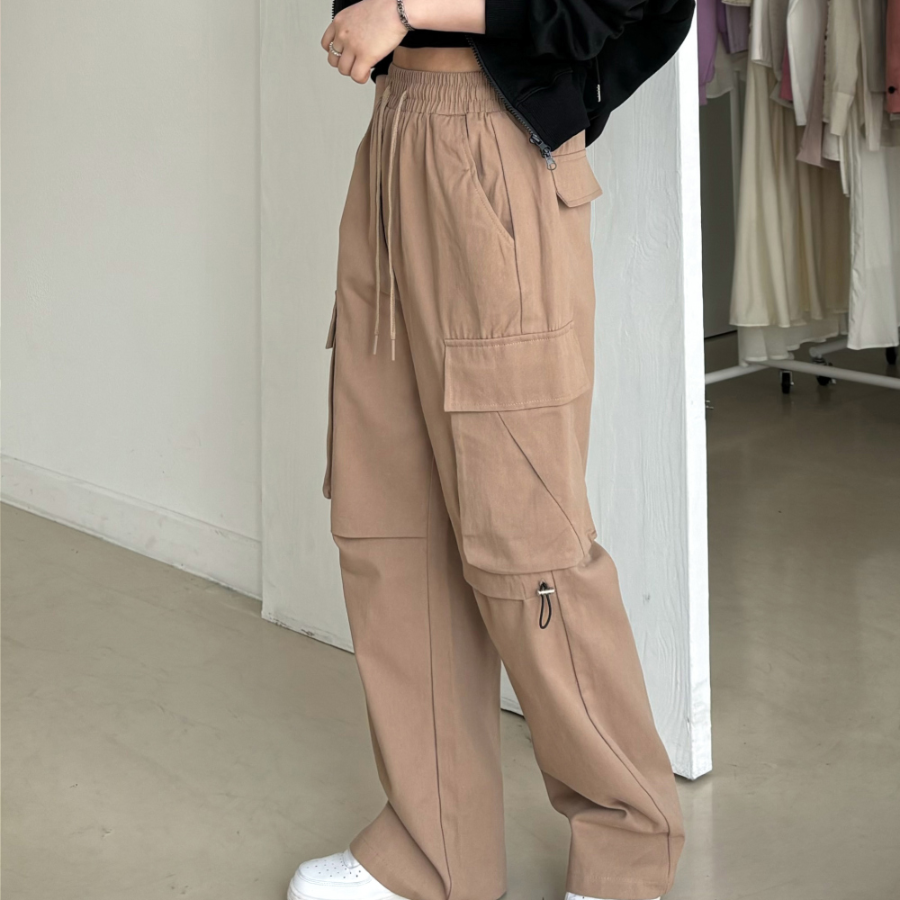 Хлопковые карго-брюки с защипами на коленях и эластичной талией Knee-Tuck String Cargo Wide Cotton Pants