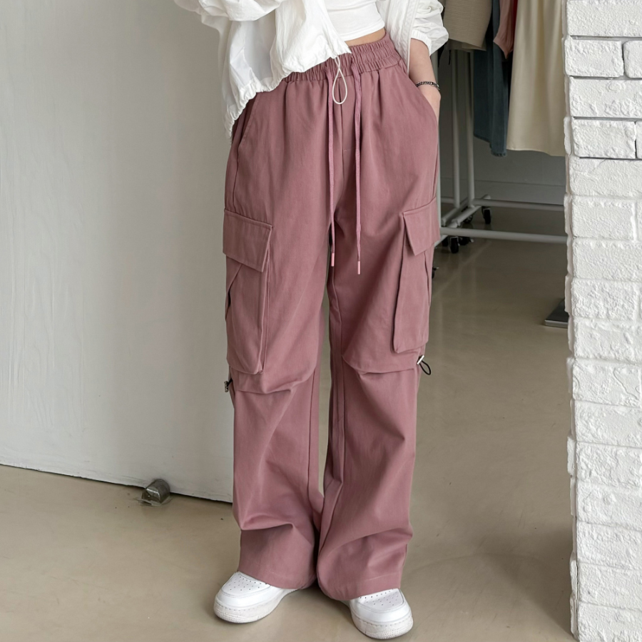 Хлопковые карго-брюки с защипами на коленях и эластичной талией Knee-Tuck String Cargo Wide Cotton Pants