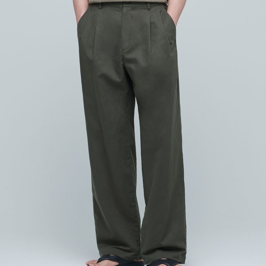Cotton Linen Two-Tuck Wide Pants [Khaki]