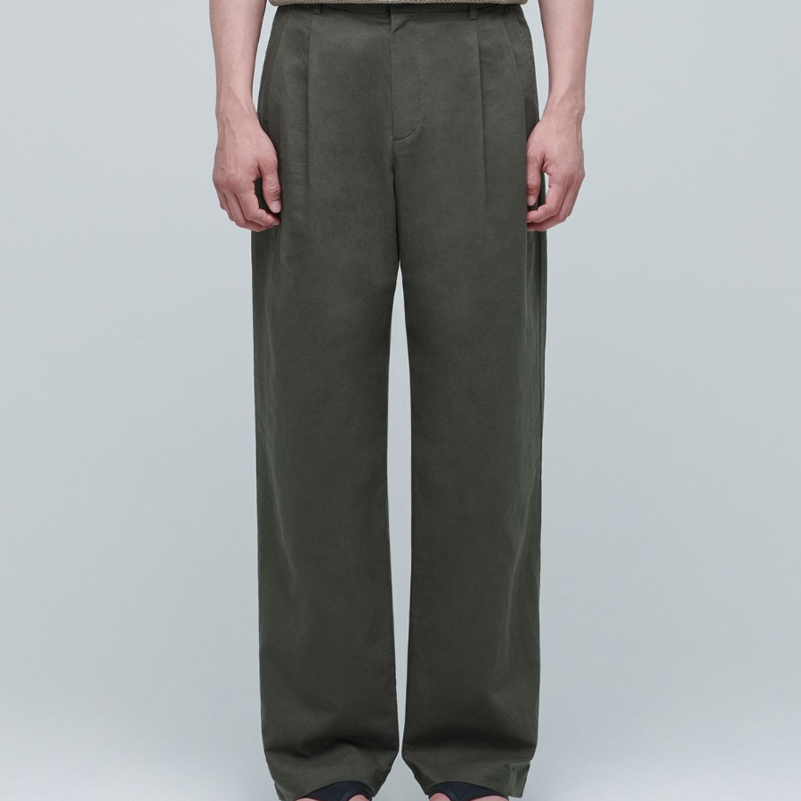 Cotton Linen Two-Tuck Wide Pants [Khaki]