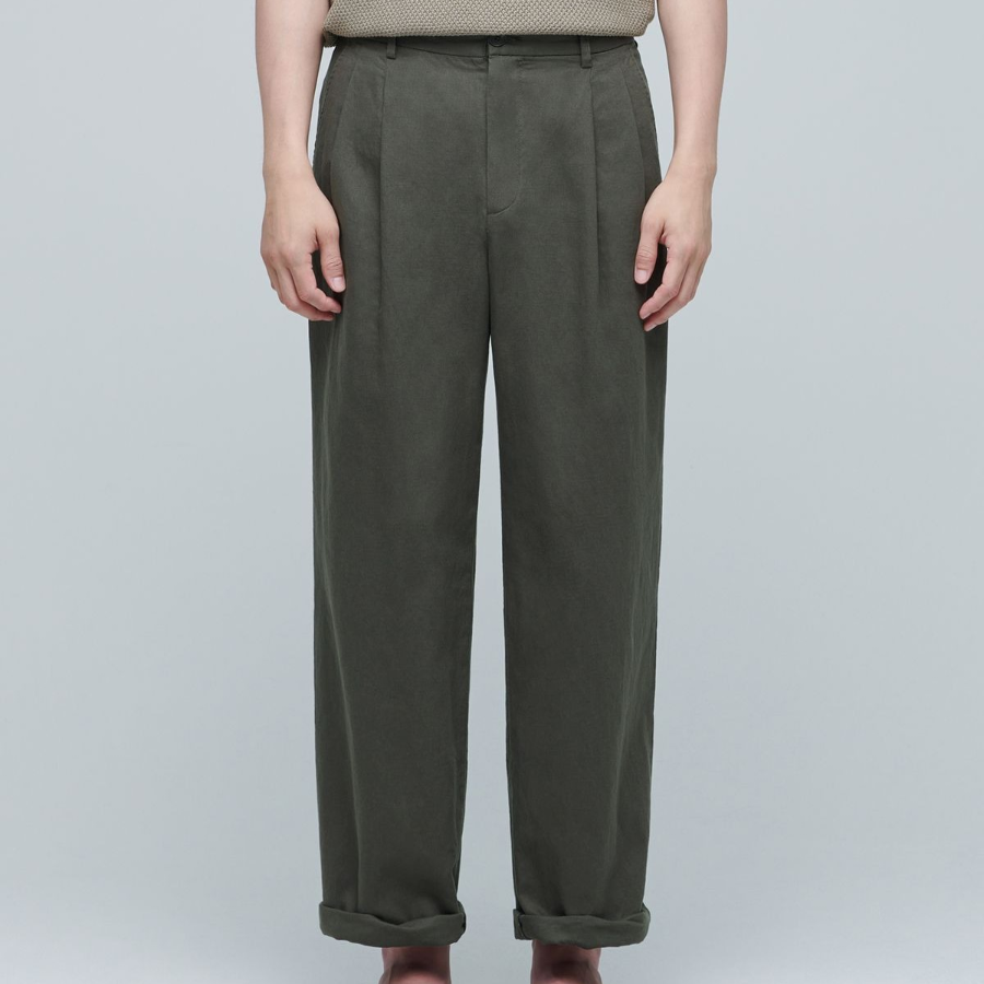 Cotton Linen Two-Tuck Wide Pants [Khaki]