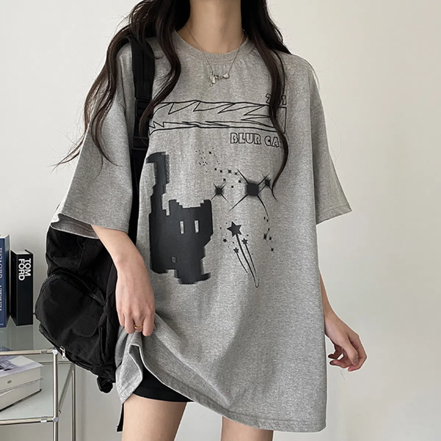 Overfit Blur Cat Printing Short Sleeve T-shirt