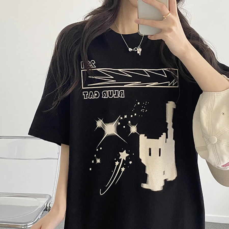 Overfit Blur Cat Printing Short Sleeve T-shirt