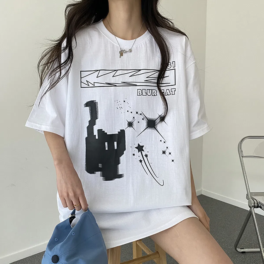 Overfit Blur Cat Printing Short Sleeve T-shirt