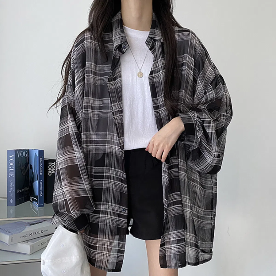 Airy Chiffon Check Balloon Shirt