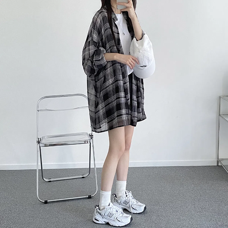 Airy Chiffon Check Balloon Shirt