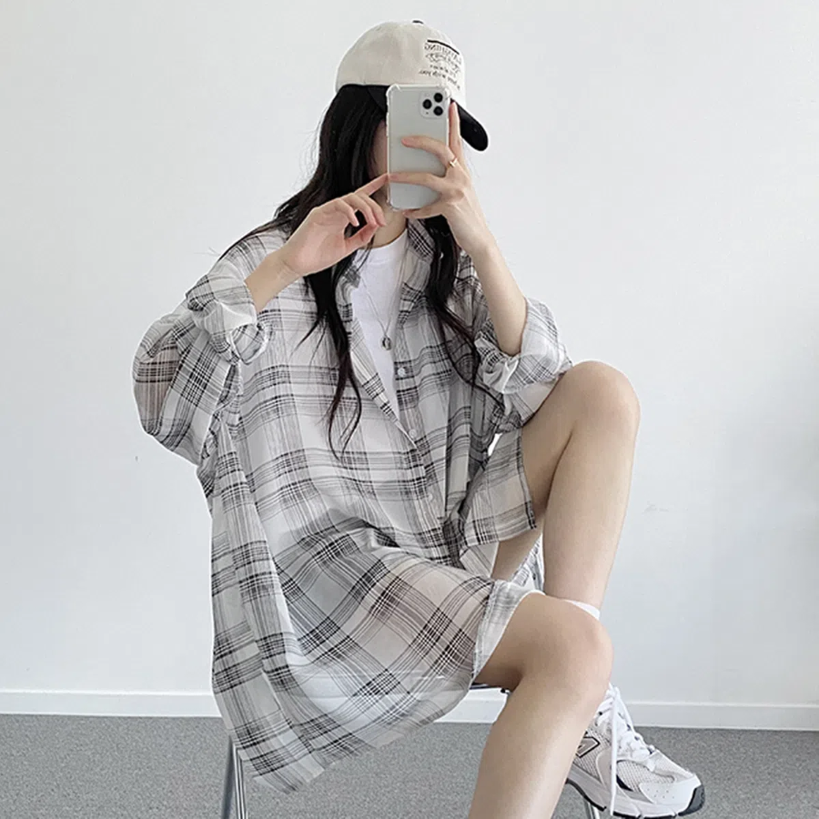 Airy Chiffon Check Balloon Shirt