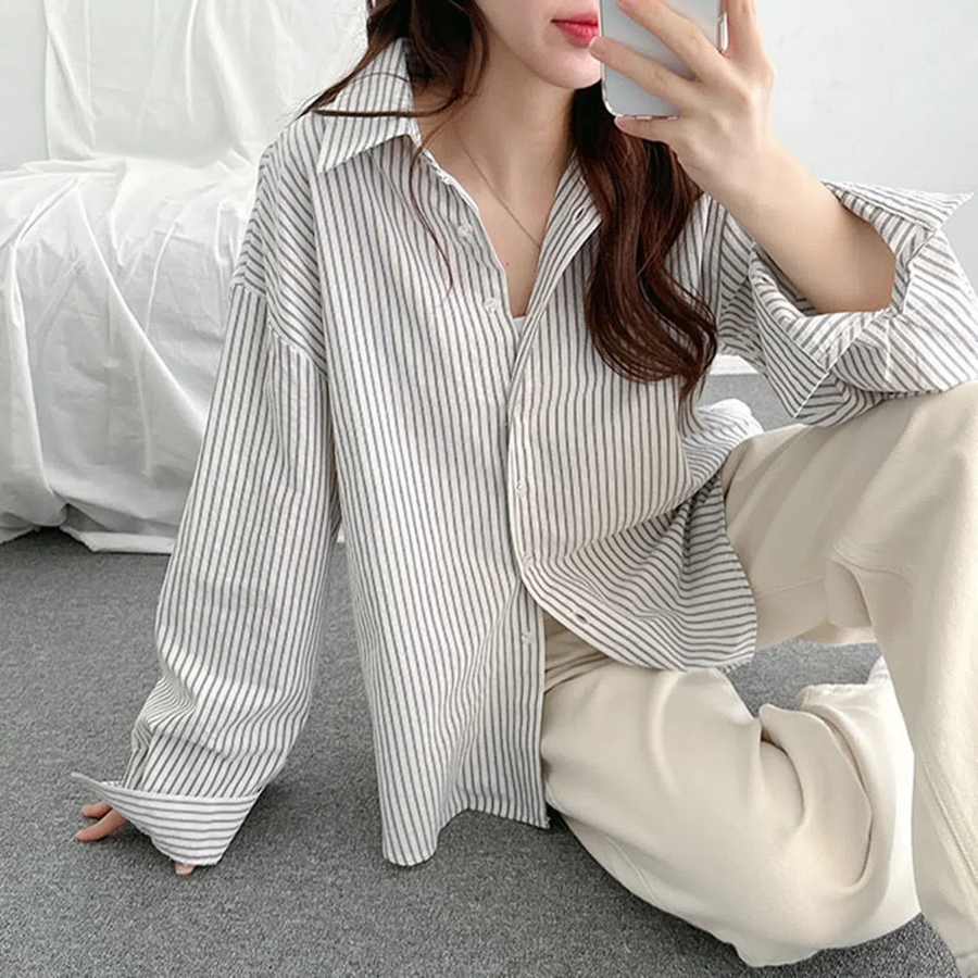 Modern Stripe Cotton Button Overfit Shirt
