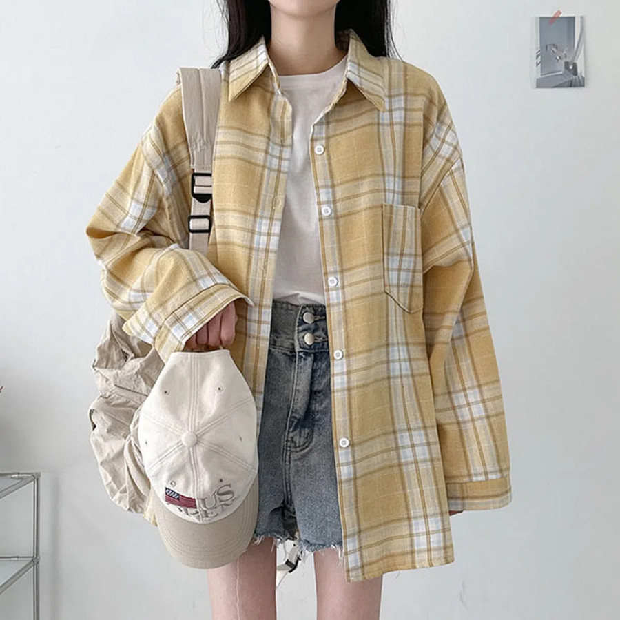 Unisex Oversized Vintage Check Balloon Long Sleeve Shirt