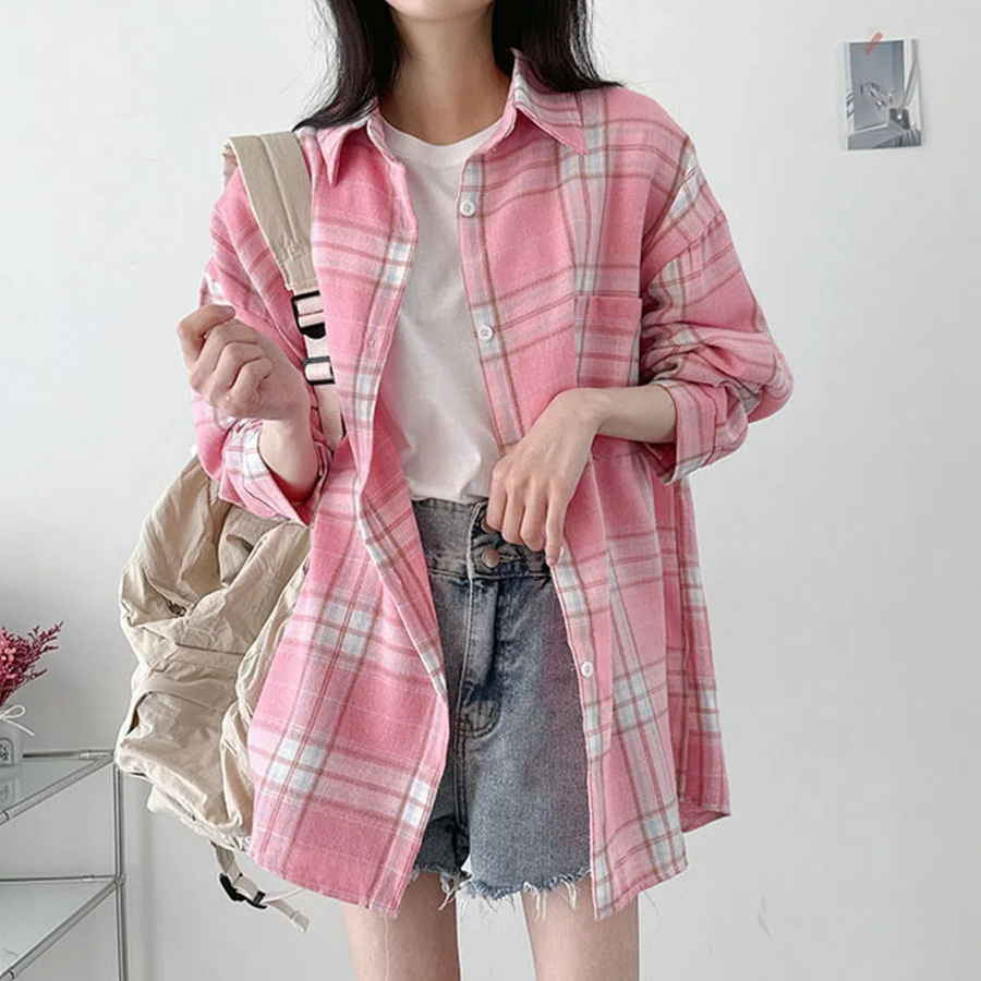 Unisex Oversized Vintage Check Balloon Long Sleeve Shirt