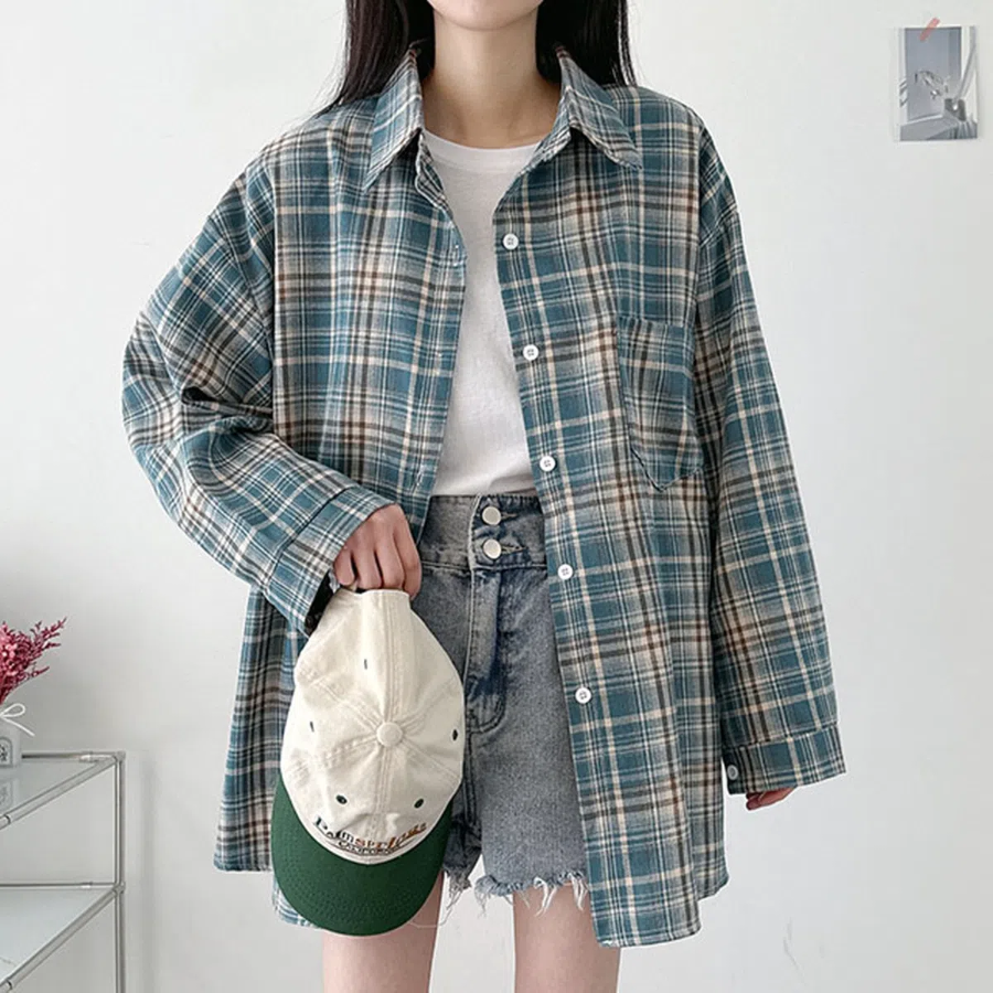 Unisex Oversized Vintage Check Balloon Long Sleeve Shirt