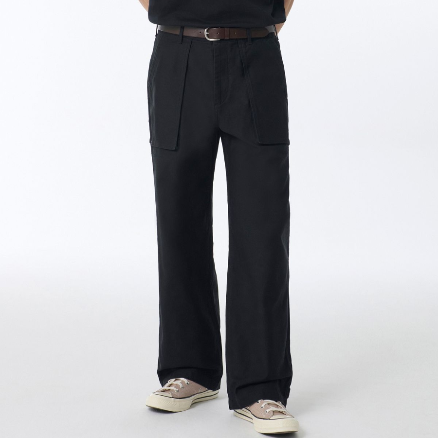 Back Satin Bellows Pocket Fatigue Pants [Black]