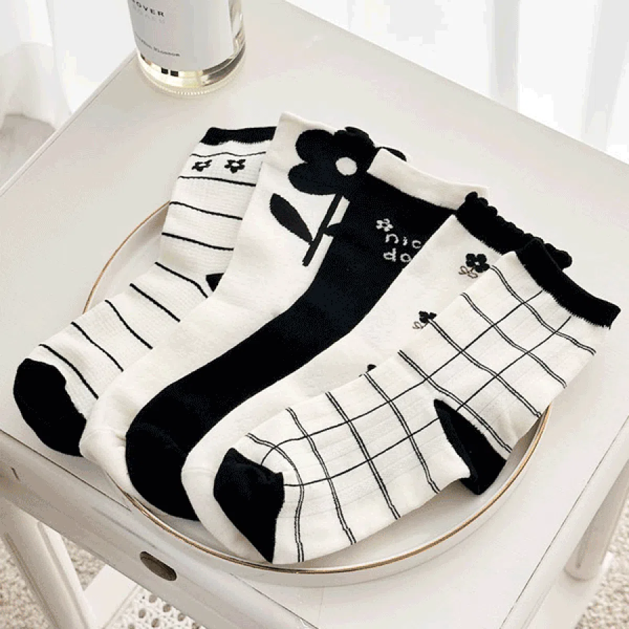 Женские чёрные носки с цветочным узором — набор из 5 пар для стильного повседневного образа