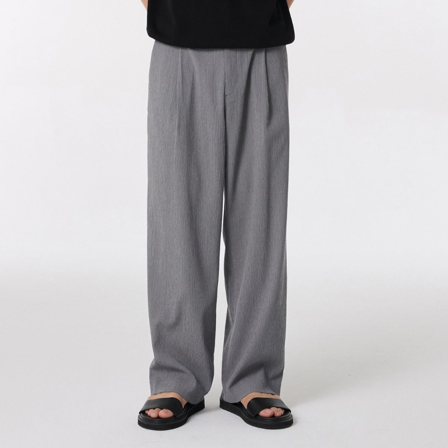 Crinkle One-Tuck Wide Banding Pants [Gray]