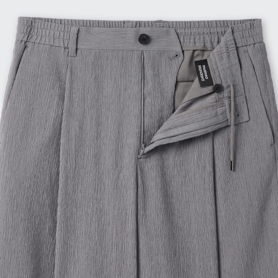 Crinkle One-Tuck Wide Banding Pants [Gray]