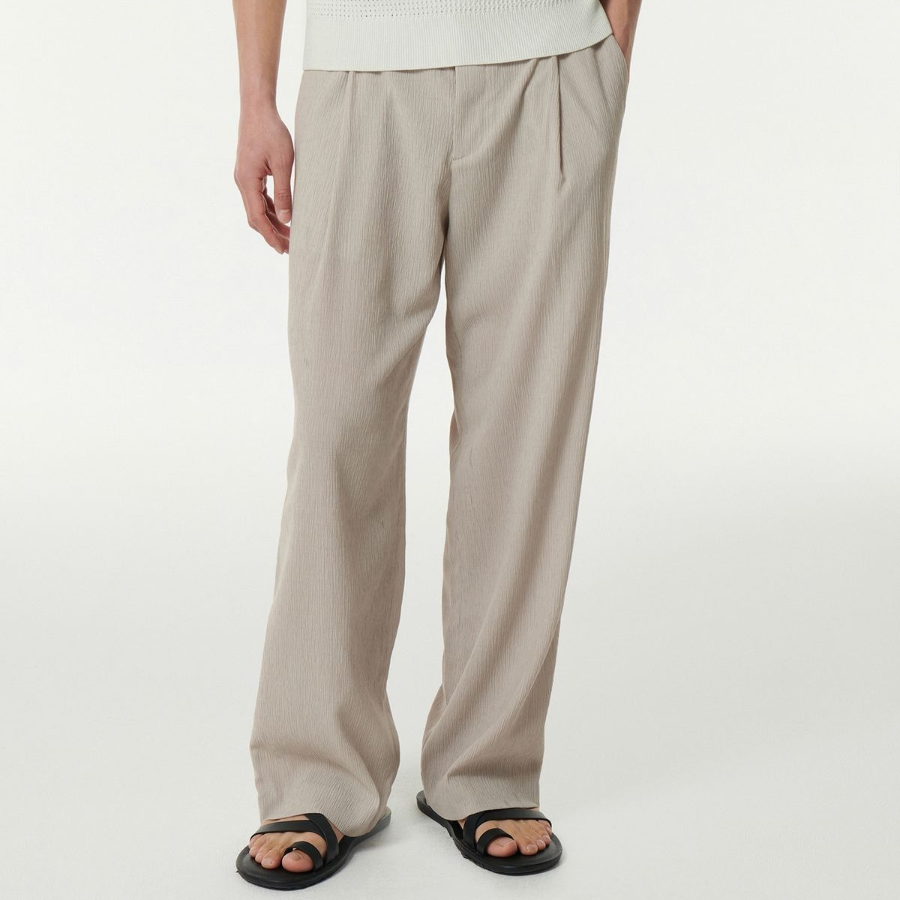 Crinkle One-Tuck Wide Banding Pants [Light Beige]