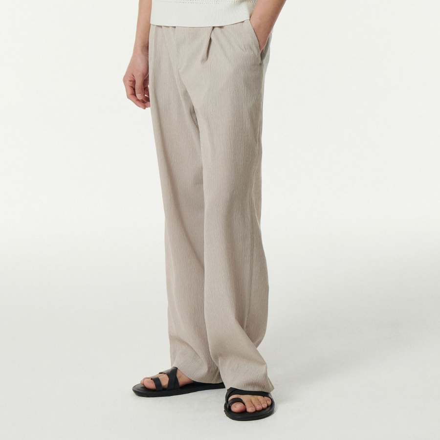 Crinkle One-Tuck Wide Banding Pants [Light Beige]