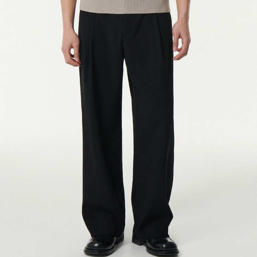 Crinkle One-Tuck Wide Banding Pants [Black]