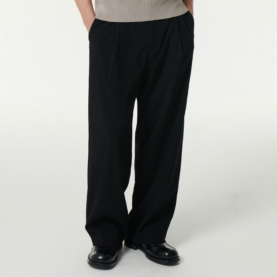 Crinkle One-Tuck Wide Banding Pants [Black]