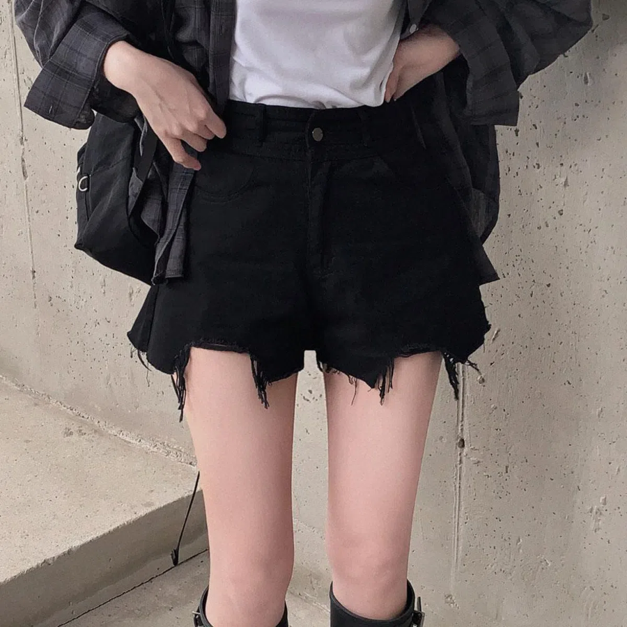 Винтажные джинсовые шорты с потертостями Mitsu, A-силуэт, высокая посадка